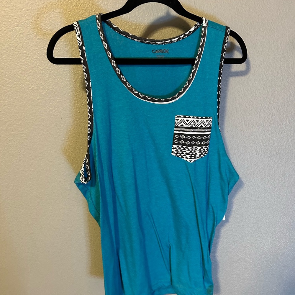 Caslon Teal Tank with Black & White Aztec Pocket Trim